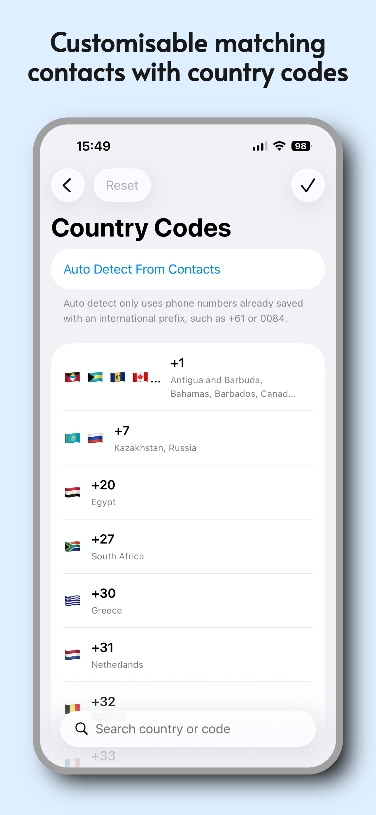 Country code matching screen
