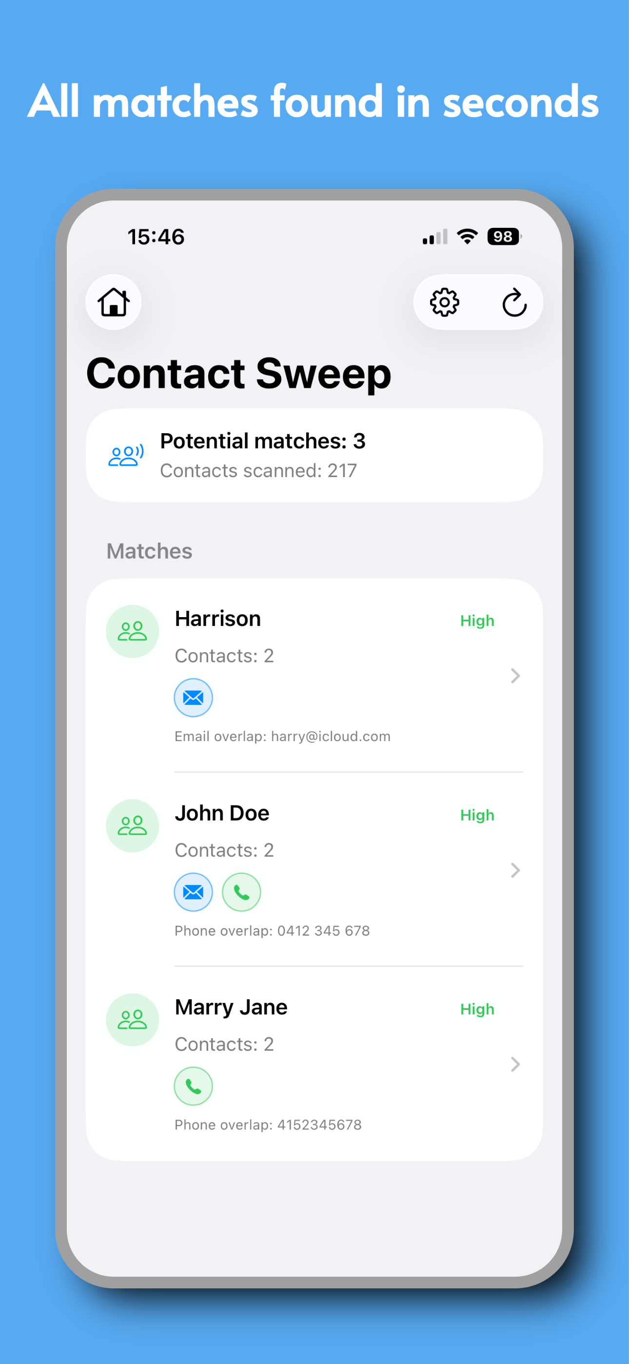 ContactSweep matches screen