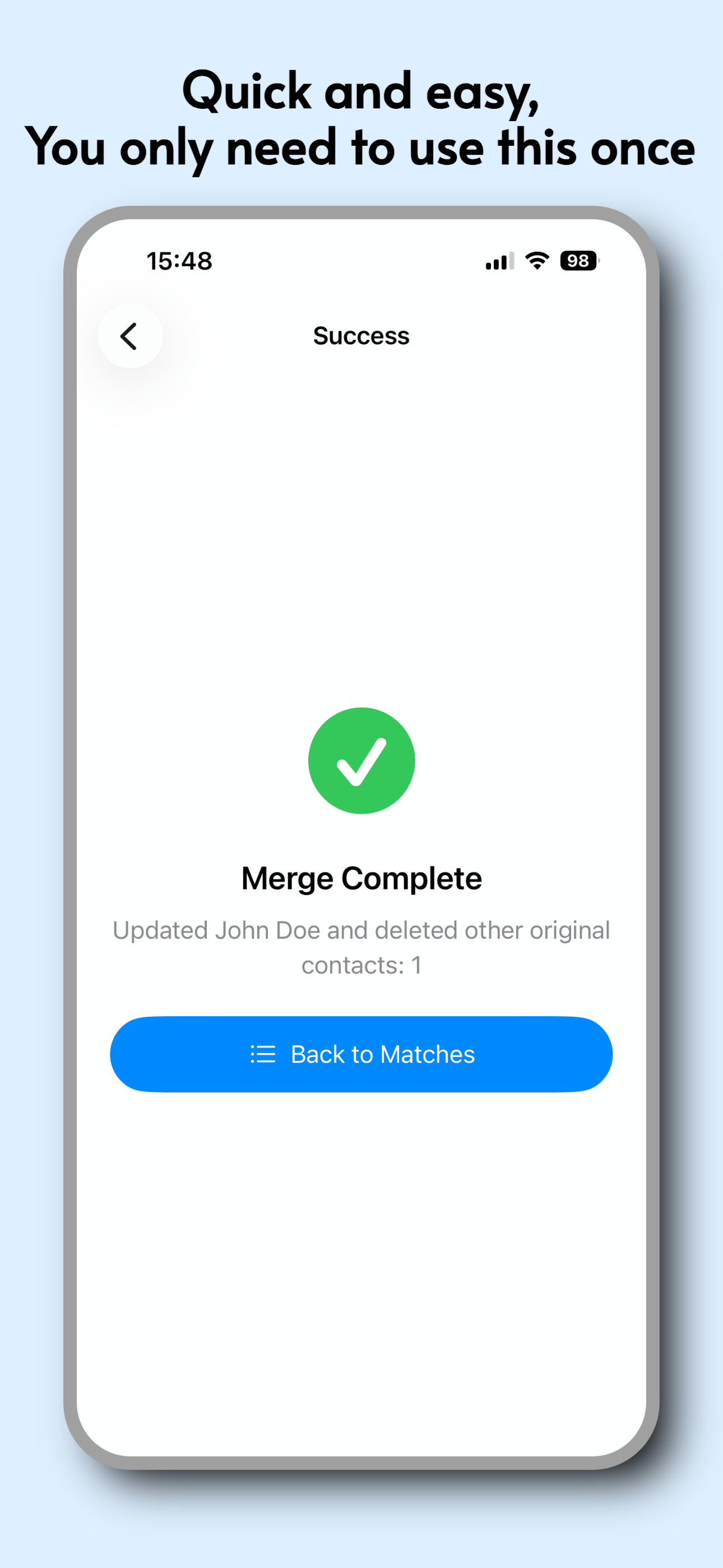 ContactSweep merge complete screen